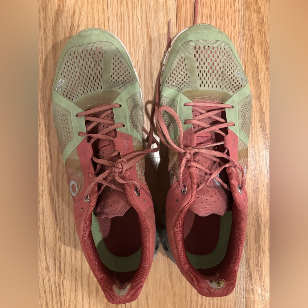 On Running Women's Athletic Shoes in Olive and Coral